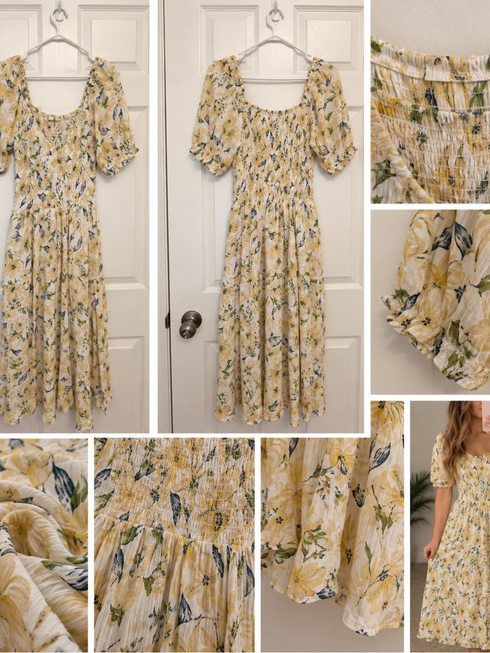 Dex Yellow Floral Smocked Midi Dress